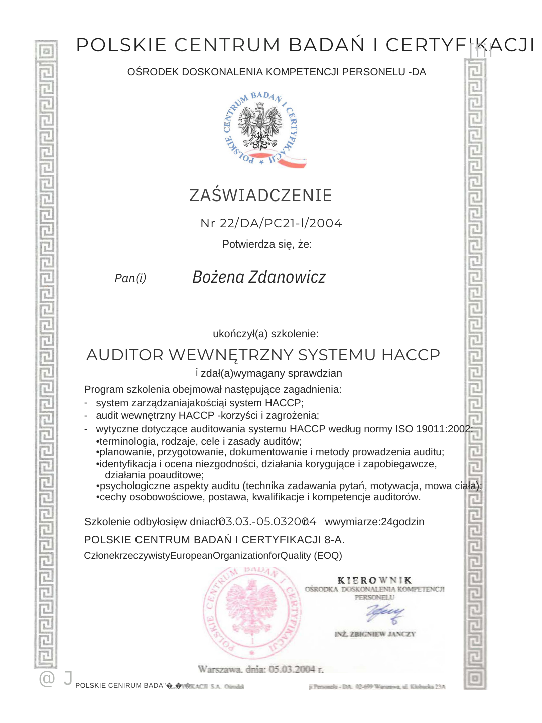 O nas audytor wewnętrzny systemu haccp 2004 bożena zdanowicz instruktaz