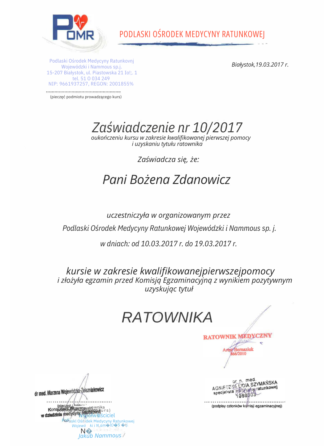 O nas kurs kwalifikowanej pierwszej pomocy 2017 bożena zdanowicz instruktaż