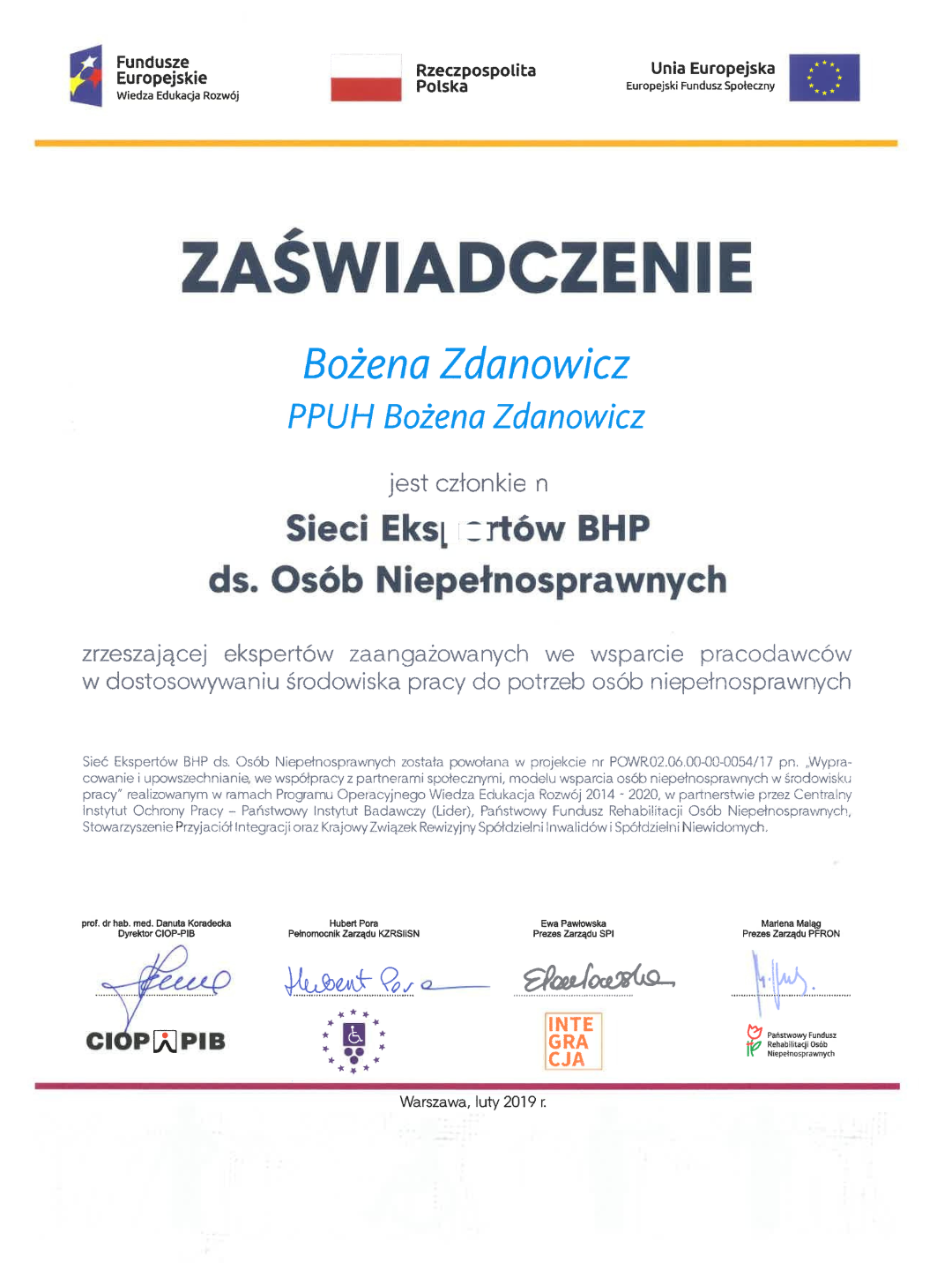 O nas sieć ekspertów bhp ds. osób niepełnosprawnych 2019 bożena zdanowicz instruktaz