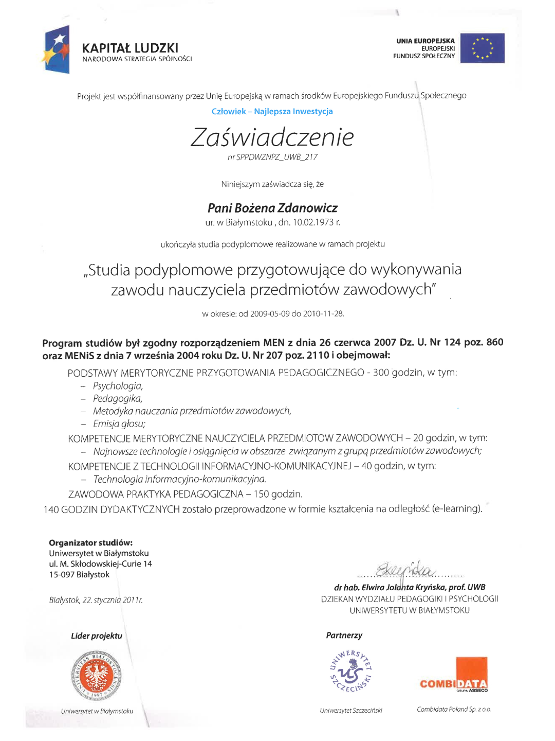 O nas studia podyplomowe przygotowujące do wykonywania zawodu nauczyciela przedmiotów zawodowych bożena zdanowicz instruktaż